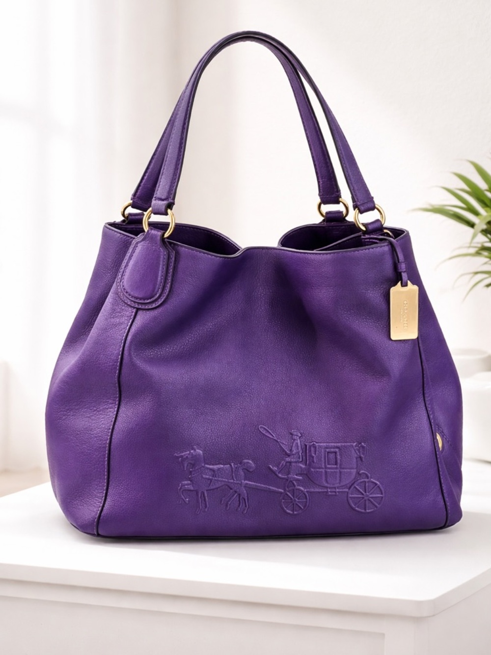 Coach Purple Pebble Leather Eddie Bag with Embossed Carriage
